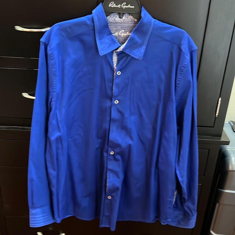 Robert Graham 2XL mens long sleeve shirt royal blue collar/cuff detail